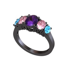 Oval 5 Taşlı Yüzük - Ametist, pembe kuvars ve akuamarin 925 ayar siyah rodyum kaplama gümüş yüzük #6790mx