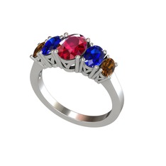 Rodolit garnet, lab safir ve dumanlı kuvars 8 ayar beyaz altın yüzük