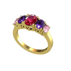 Rodolit garnet, ametist ve pembe kuvars 18 ayar altın yüzük