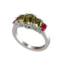 Oval 5 Taşlı Yüzük - Peridot ve rodolit garnet 18 ayar beyaz altın yüzük #6ns48