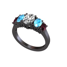 Oval 5 Taşlı Yüzük - Swarovski, akuamarin ve kök yakut 925 ayar siyah rodyum kaplama gümüş yüzük #7auod3