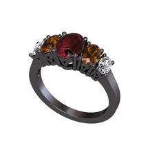 Oval 5 Taşlı Yüzük - Kök yakut, dumanlı kuvars ve beyaz zirkon 925 ayar siyah rodyum kaplama gümüş yüzük #7yyx7p