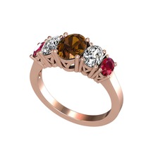 Oval 5 Taşlı Yüzük - Dumanlı kuvars, beyaz zirkon ve rodolit garnet 925 ayar rose altın kaplama gümüş yüzük #87bzuf