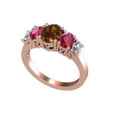 Oval 5 Taşlı Yüzük - Dumanlı kuvars, rodolit garnet ve swarovski 18 ayar rose altın yüzük #8jypae