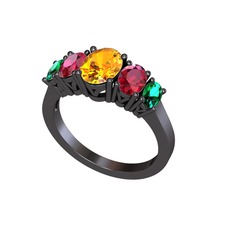 Oval 5 Taşlı Yüzük - Sitrin, rodolit garnet ve yeşil kuvars 925 ayar siyah rodyum kaplama gümüş yüzük #9fq9c4