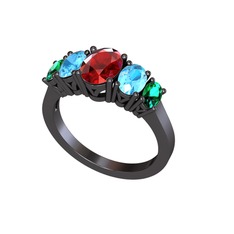 Oval 5 Taşlı Yüzük - Garnet, akuamarin ve yeşil kuvars 925 ayar siyah rodyum kaplama gümüş yüzük #9gyk8i