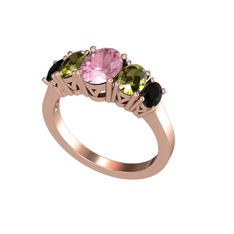 Oval 5 Taşlı Yüzük - Pembe kuvars, peridot ve siyah zirkon 14 ayar rose altın yüzük #agsmwf