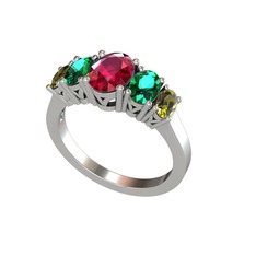 Oval 5 Taşlı Yüzük - Rodolit garnet, yeşil kuvars ve peridot 14 ayar beyaz altın yüzük #ak8lby