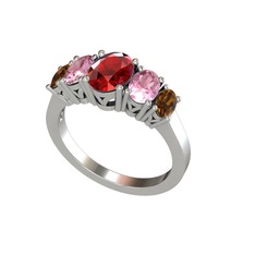 Garnet, pembe kuvars ve dumanlı kuvars 14 ayar beyaz altın yüzük