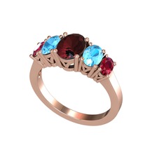 Oval 5 Taşlı Yüzük - Kök yakut, akuamarin ve rodolit garnet 18 ayar rose altın yüzük #au5laq