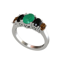 Oval 5 Taşlı Yüzük - Kök zümrüt, siyah zirkon ve dumanlı kuvars 18 ayar beyaz altın yüzük #b7lhss