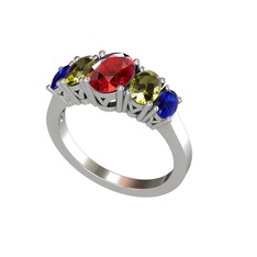 Oval 5 Taşlı Yüzük - Garnet, peridot ve lab safir 18 ayar beyaz altın yüzük #c7fi29