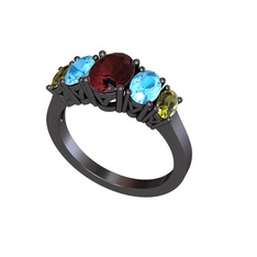 Oval 5 Taşlı Yüzük - Kök yakut, akuamarin ve peridot 925 ayar siyah rodyum kaplama gümüş yüzük #cp27w