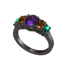 Ametist, dumanlı kuvars ve yeşil kuvars 925 ayar siyah rodyum kaplama gümüş yüzük