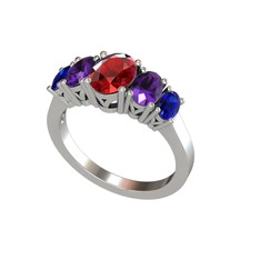 Oval 5 Taşlı Yüzük - Garnet, ametist ve lab safir 8 ayar beyaz altın yüzük #dwx658