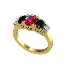 Oval 5 Taşlı Yüzük - Rodolit garnet, siyah zirkon ve beyaz zirkon 925 ayar altın kaplama gümüş yüzük #e2wzom