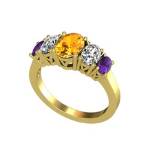 Oval 5 Taşlı Yüzük - Sitrin, swarovski ve ametist 18 ayar altın yüzük #e4n002