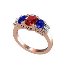 Oval 5 Taşlı Yüzük - Garnet, lab safir ve swarovski 18 ayar rose altın yüzük #e74in2
