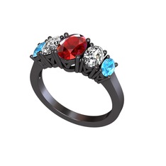 Garnet, beyaz zirkon ve akuamarin 925 ayar siyah rodyum kaplama gümüş yüzük