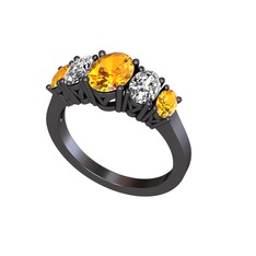 Oval 5 Taşlı Yüzük - Sitrin ve swarovski 925 ayar siyah rodyum kaplama gümüş yüzük #f0we46