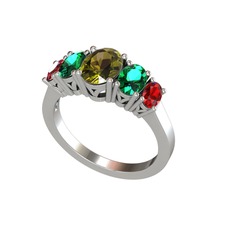 Oval 5 Taşlı Yüzük - Peridot, yeşil kuvars ve garnet 18 ayar beyaz altın yüzük #f6p4gv