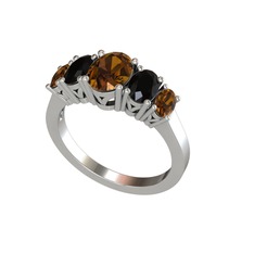 Oval 5 Taşlı Yüzük - Dumanlı kuvars ve siyah zirkon 18 ayar beyaz altın yüzük #f8bgnz