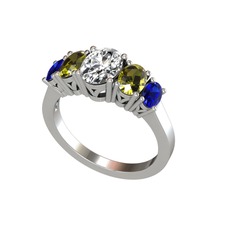 Oval 5 Taşlı Yüzük - Swarovski, peridot ve lab safir 14 ayar beyaz altın yüzük #fhy2tk