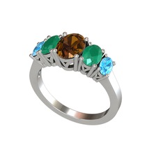 Dumanlı kuvars, kök zümrüt ve akuamarin 14 ayar beyaz altın yüzük
