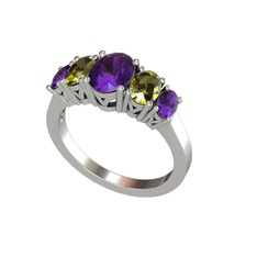 Oval 5 Taşlı Yüzük - Ametist ve peridot 8 ayar beyaz altın yüzük #hhnwsu