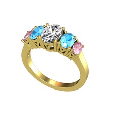 Oval 5 Taşlı Yüzük - Swarovski, akuamarin ve pembe kuvars 14 ayar altın yüzük #hkraso