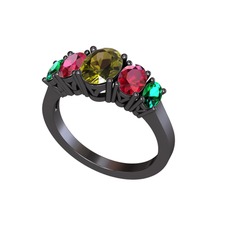 Oval 5 Taşlı Yüzük - Peridot, rodolit garnet ve yeşil kuvars 925 ayar siyah rodyum kaplama gümüş yüzük #hn49ap