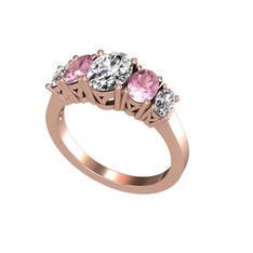 Oval 5 Taşlı Yüzük - Swarovski, pembe kuvars ve beyaz zirkon 14 ayar rose altın yüzük #hpmcr7