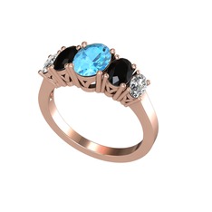 Oval 5 Taşlı Yüzük - Akuamarin, siyah zirkon ve swarovski 14 ayar rose altın yüzük #huwq5l