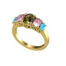 Peridot, pembe kuvars ve akuamarin 925 ayar altın kaplama gümüş yüzük