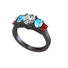 Swarovski, akuamarin ve garnet 925 ayar siyah rodyum kaplama gümüş yüzük