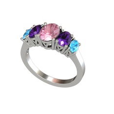 Oval 5 Taşlı Yüzük - Pembe kuvars, ametist ve akuamarin 14 ayar beyaz altın yüzük #irw4xt