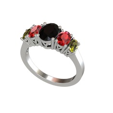 Oval 5 Taşlı Yüzük - Siyah zirkon, garnet ve peridot 14 ayar beyaz altın yüzük #izq7mk