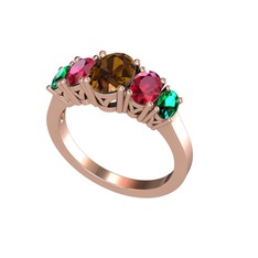 Oval 5 Taşlı Yüzük - Dumanlı kuvars, rodolit garnet ve yeşil kuvars 14 ayar rose altın yüzük #jf4gwm