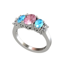 Oval 5 Taşlı Yüzük - Pembe kuvars, akuamarin ve swarovski 8 ayar beyaz altın yüzük #jqgt9l