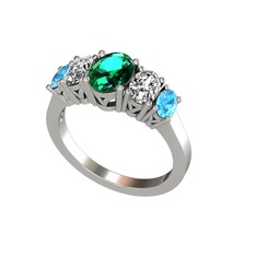 Oval 5 Taşlı Yüzük - Yeşil kuvars, swarovski ve akuamarin 8 ayar beyaz altın yüzük #k2wdkb