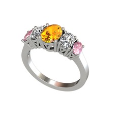Oval 5 Taşlı Yüzük - Sitrin, beyaz zirkon ve pembe kuvars 14 ayar beyaz altın yüzük #kom16k
