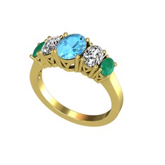 Oval 5 Taşlı Yüzük - Akuamarin, swarovski ve kök zümrüt 925 ayar altın kaplama gümüş yüzük #l4m3j