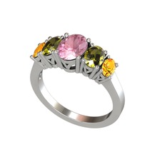 Oval 5 Taşlı Yüzük - Pembe kuvars, peridot ve sitrin 18 ayar beyaz altın yüzük #lwazlt