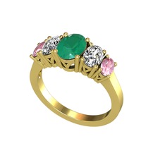Kök zümrüt, swarovski ve pembe kuvars 18 ayar altın yüzük