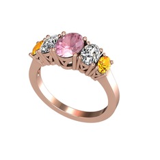 Oval 5 Taşlı Yüzük - Pembe kuvars, swarovski ve sitrin 8 ayar rose altın yüzük #m7mj2n