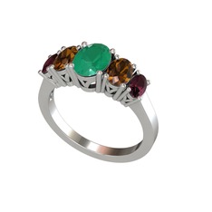 Oval 5 Taşlı Yüzük - Kök zümrüt, dumanlı kuvars ve kök yakut 18 ayar beyaz altın yüzük #mag8dn