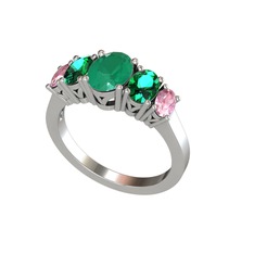 Oval 5 Taşlı Yüzük - Kök zümrüt, yeşil kuvars ve pembe kuvars 14 ayar beyaz altın yüzük #mfezr0