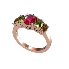 Oval 5 Taşlı Yüzük - Rodolit garnet, peridot ve dumanlı kuvars 18 ayar rose altın yüzük #my75t9