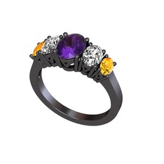 Oval 5 Taşlı Yüzük - Ametist, swarovski ve sitrin 925 ayar siyah rodyum kaplama gümüş yüzük #n12dn4