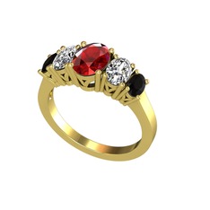 Oval 5 Taşlı Yüzük - Garnet, swarovski ve siyah zirkon 18 ayar altın yüzük #n47mmu
